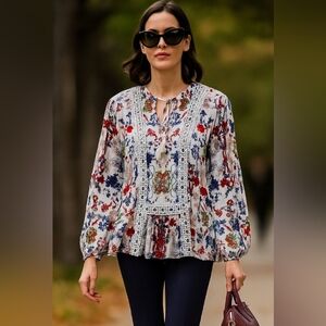 NEWOT🐞LAVA Boho White Floral Puff Sleeve Blouse with Lace & Tassels Tie Sz: L